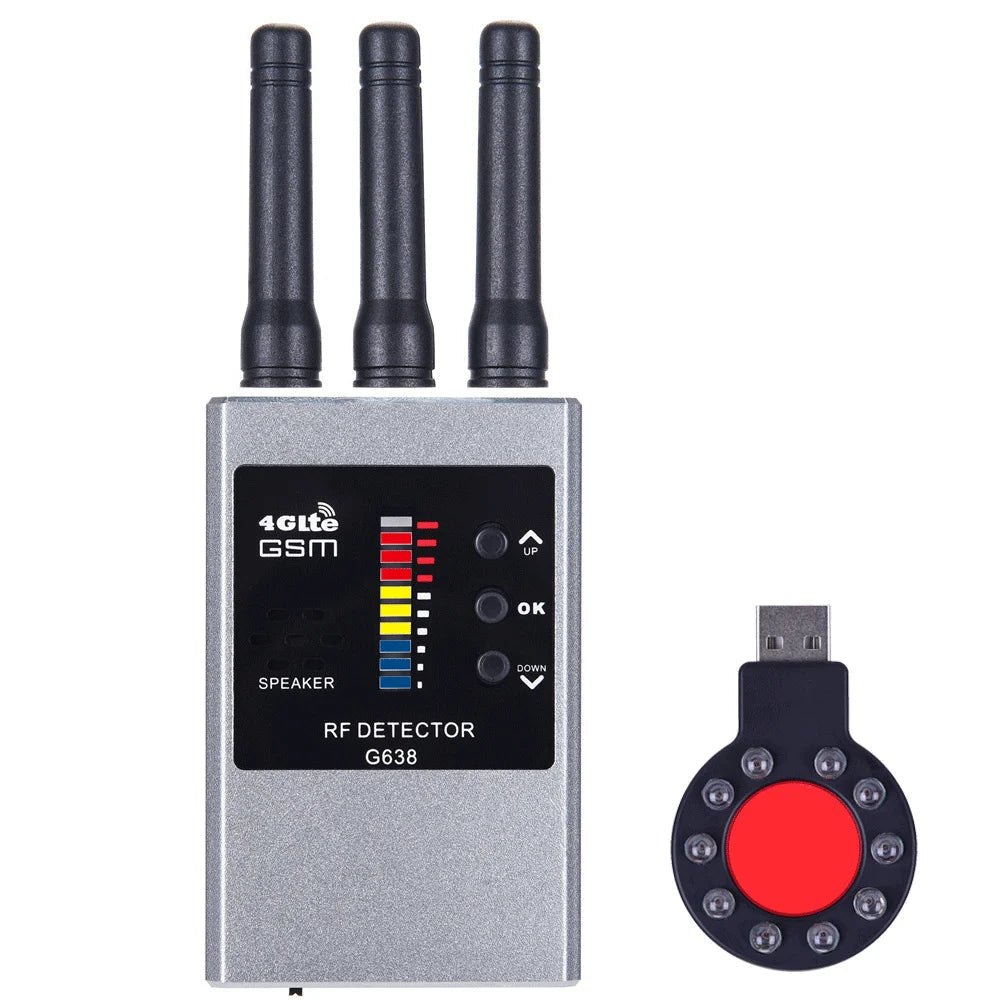 Wireless RF Signal Detector Bug GSM Audio GPS Tracker Mini Camera Finder Camera IR Scanning AI Standby Automatic Detection G638W