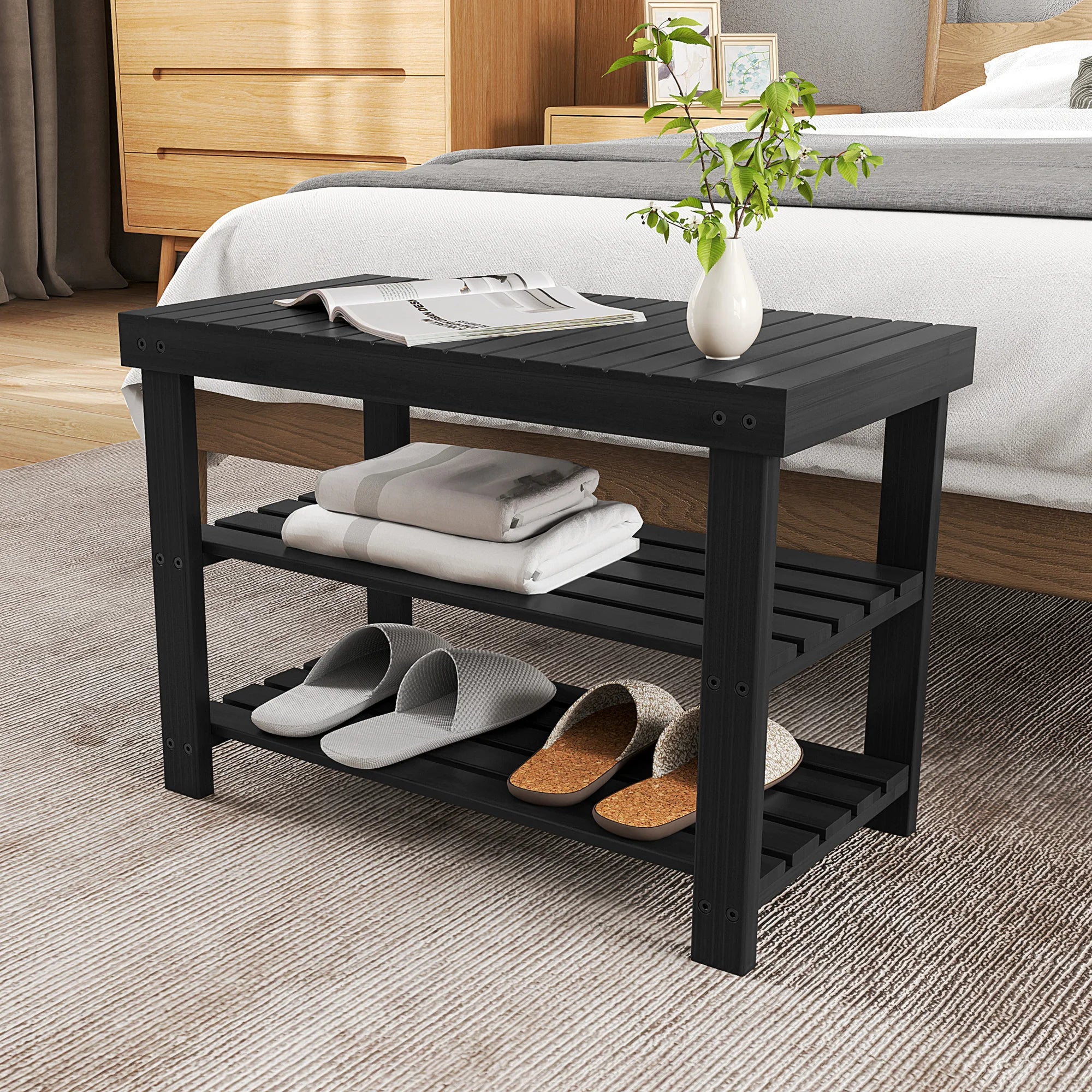 3-Tier Bamboo Shoe Rack Bench with Storage Holds 286 lb