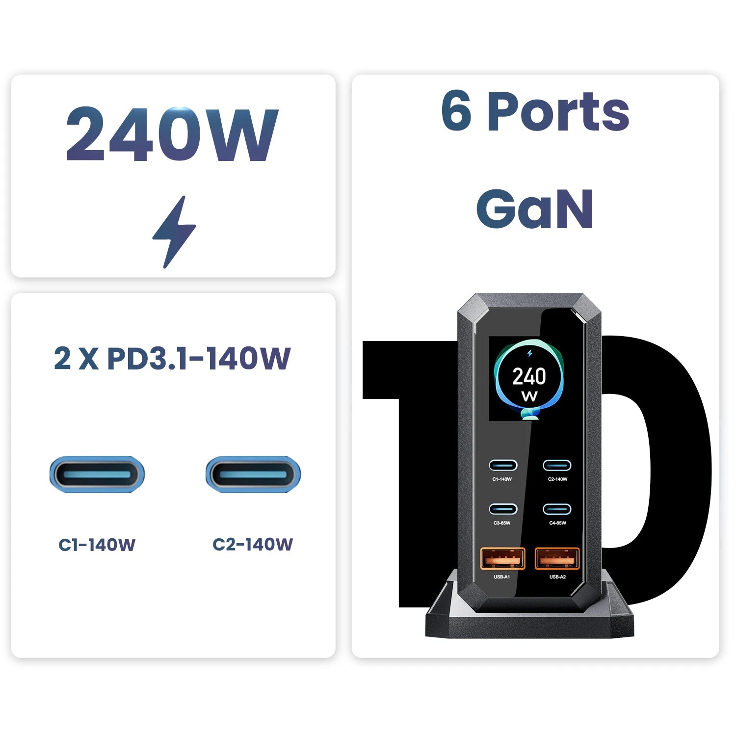 240W GaN rychlá nabíjecí stanice 6v1 USB-C a USB-A stolní nabíječka