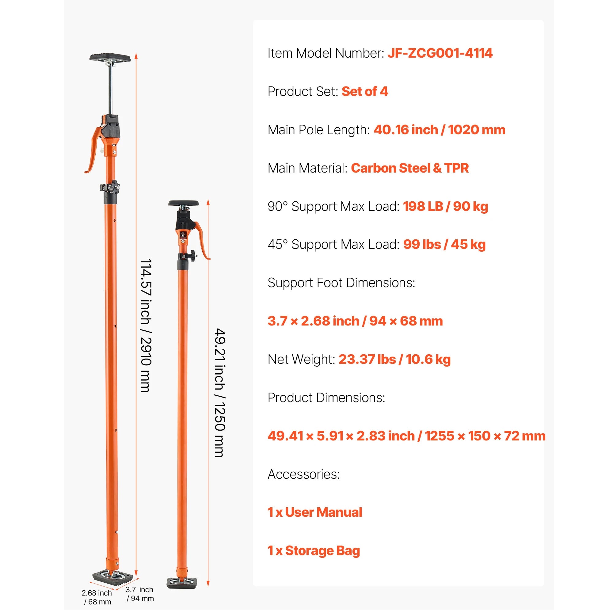 Adjustable Support Pole Jack 49–114in for Drywall & Cabinet Lifting