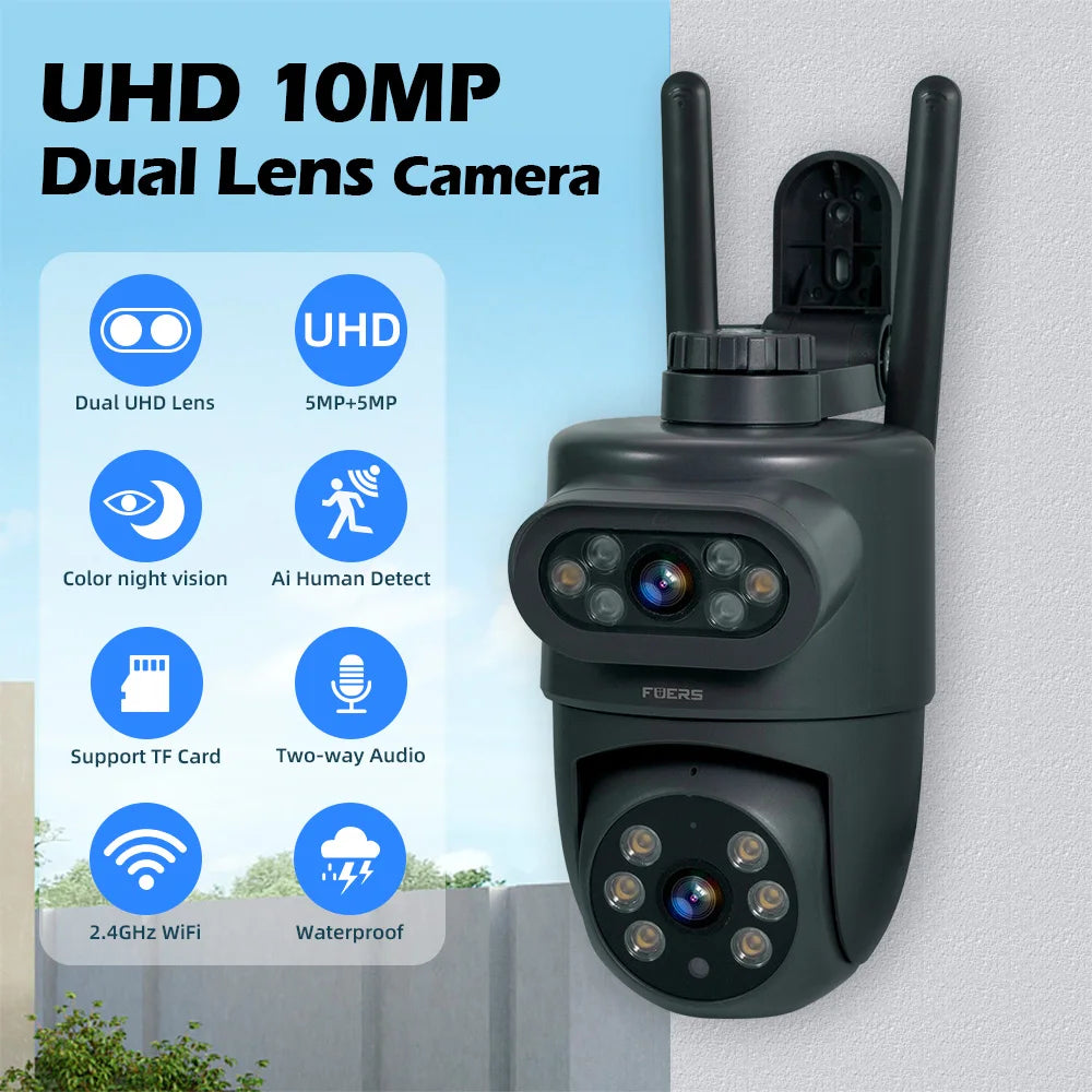 Dual Lens 10MP WiFi Security Camera with Auto Tracking & Night Vision