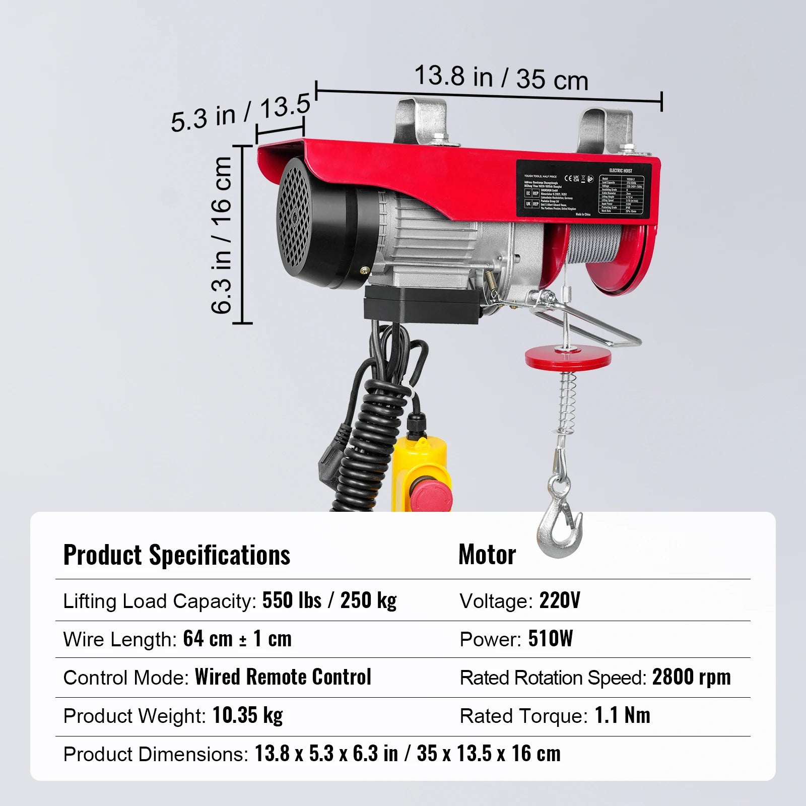 Electric Hoist Winch 550–2640 lbs with 40ft Cable for Garage Use