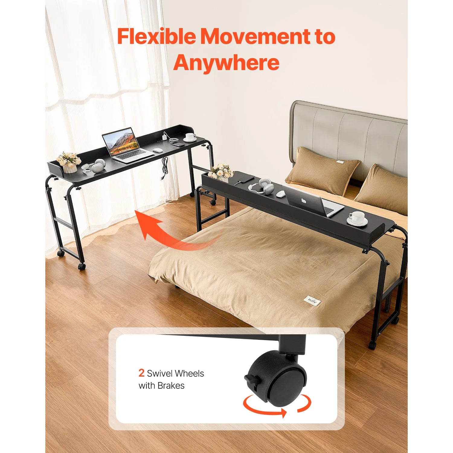 SucceBuy Overbed Table Mobile Bed Side Table w/ 4 Wheels&Power SocketHeight Adjustable Rolling Laptop Desk for Home Office Study