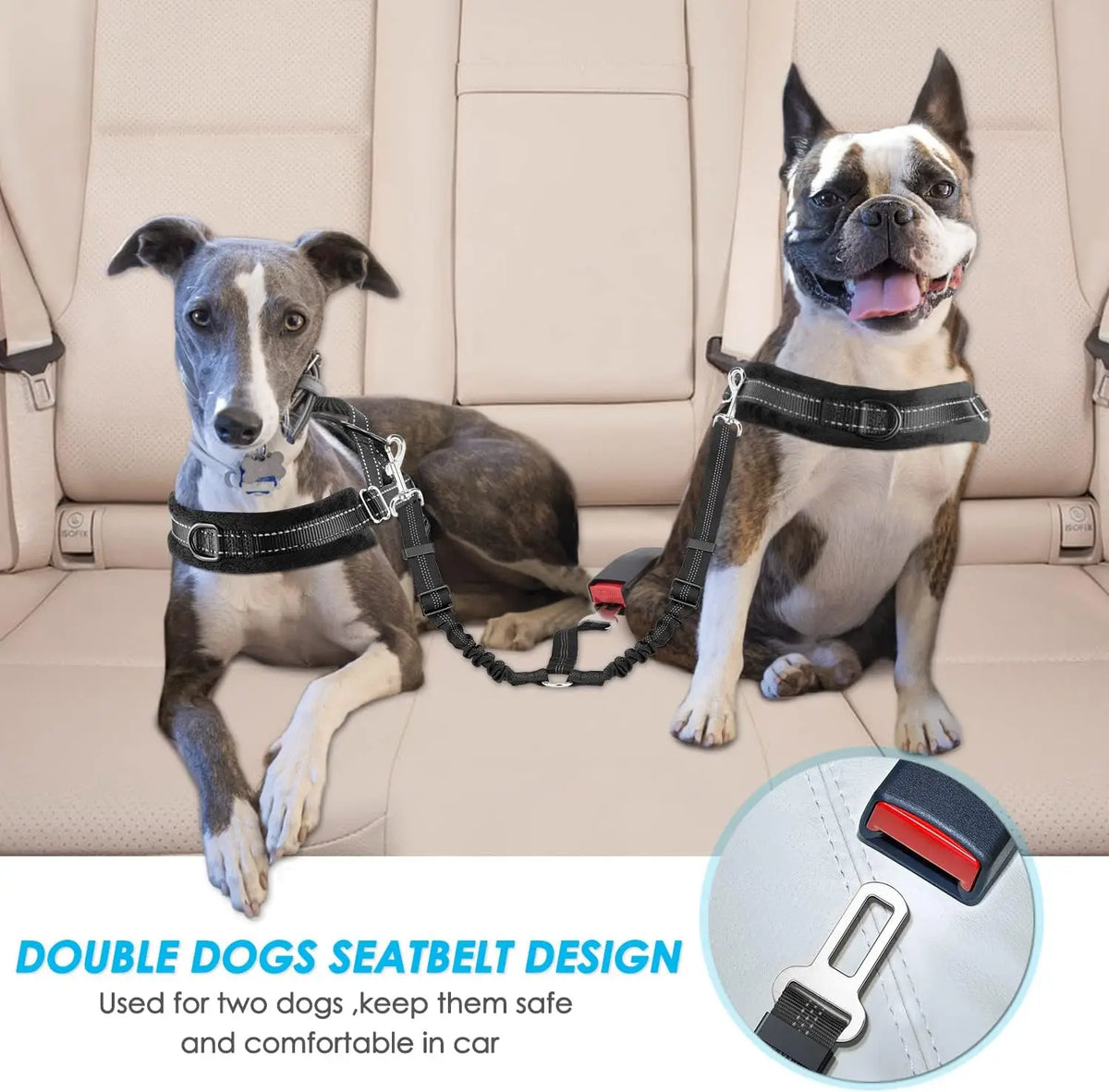 Cinturón de seguridad ajustable para dos perros con correas elásticas
