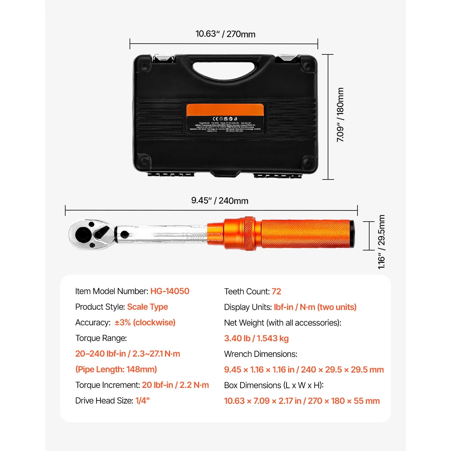 Adjustable Click Torque Wrench Set with Dual Scale Precision