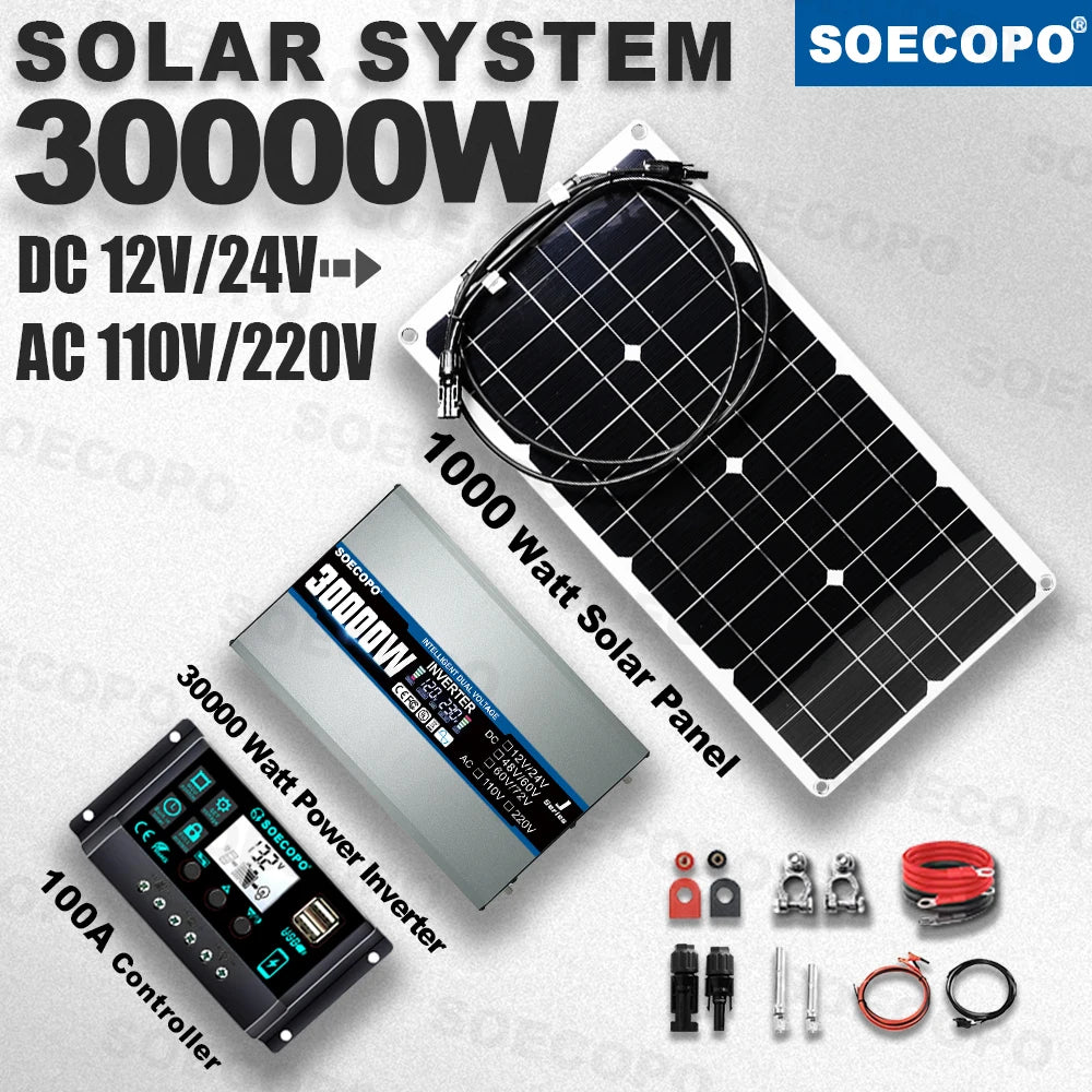 30W solcellekit med 2200W inverter og 100A controller til off-grid strømforsyning