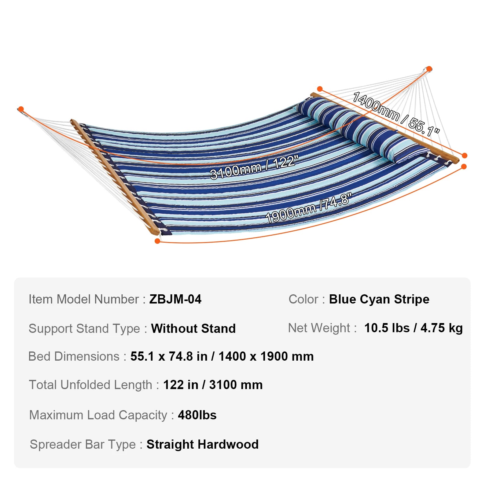 Hamac pour deux personnes Succe avec support inclus, Hamac double avec barres d’écartement courbes, et coussin détachable et sac portable