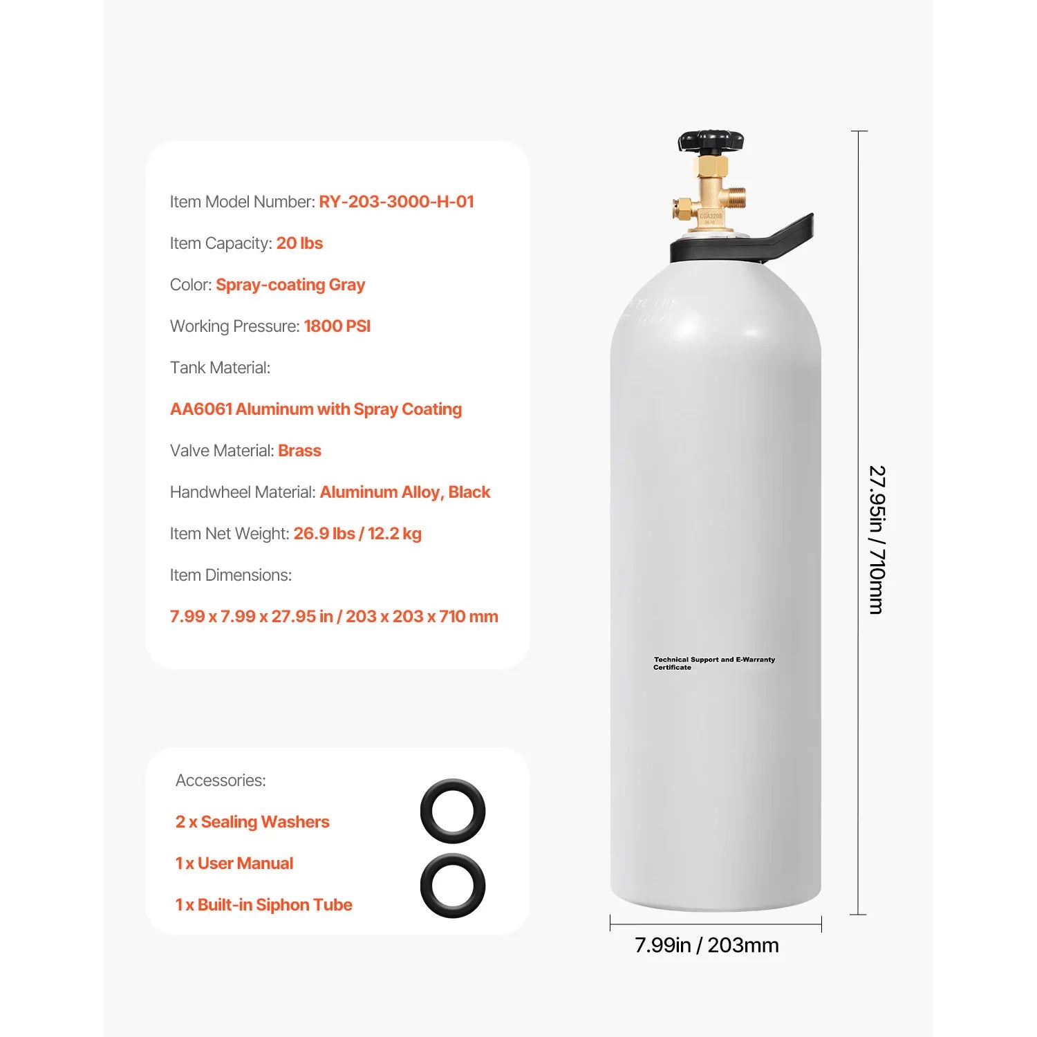 Δοχείο CO2 αλουμινίου 20 lb με βαλβίδα CGA320 για χρήση σε μπύρα και αναψυκτικά