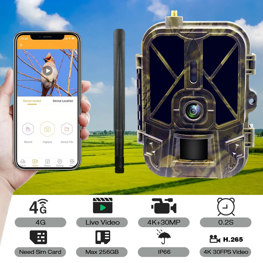 4K Live Stream Trail Camera 4G 30MP APP Clould Service Hunting Cameras 10000Mah Li-Battery Night Vision Photo Traps HC940PROLI