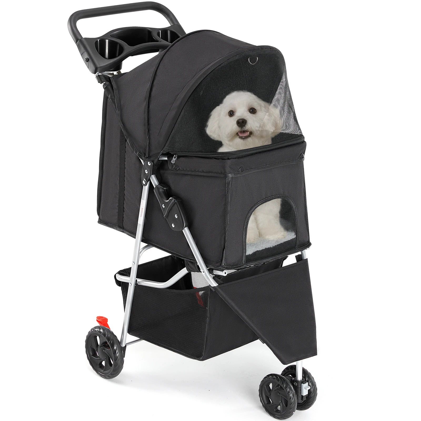 3-Wheel Foldable Pet Stroller with Storage & Mesh Windows