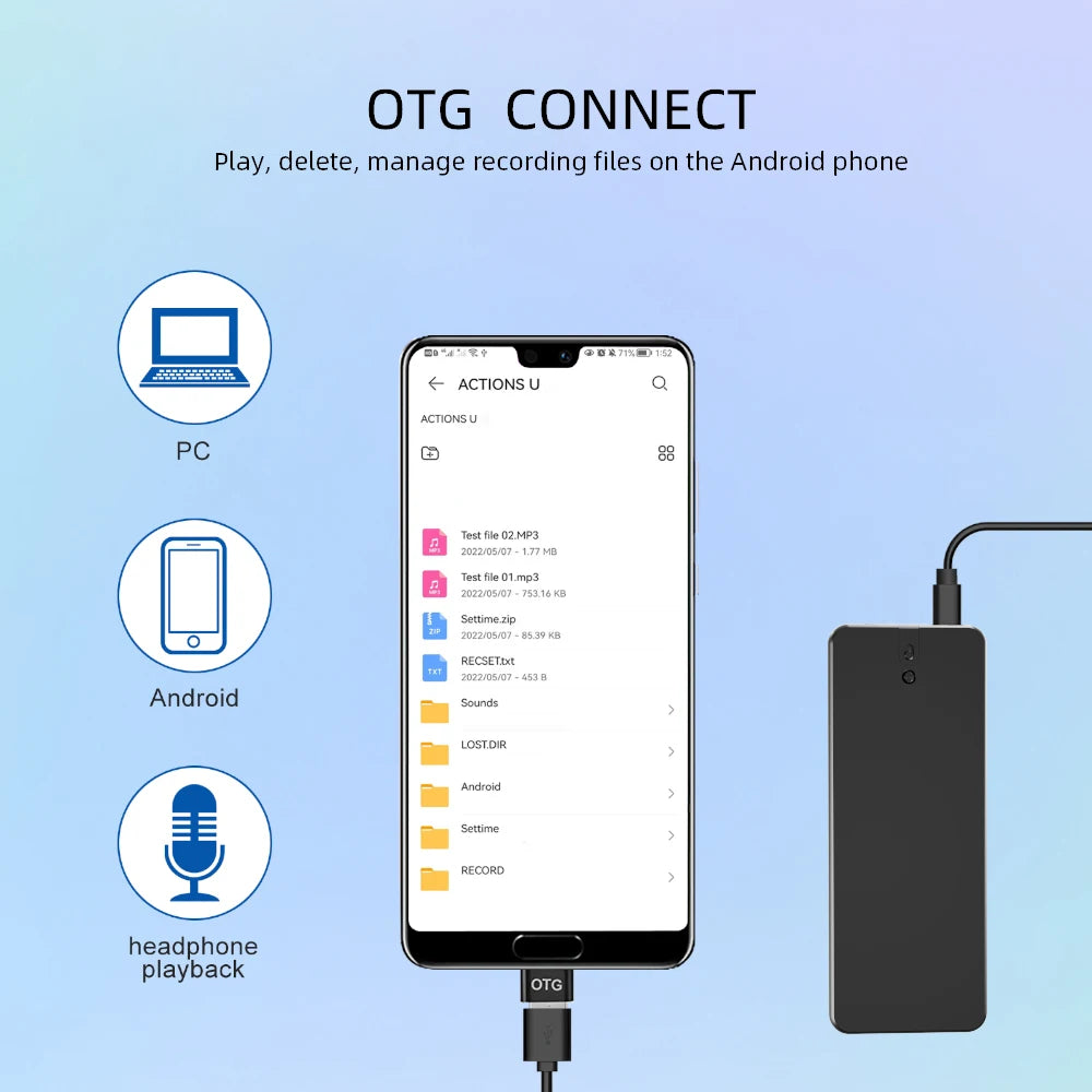 Bærbar stemmeoptager 192kbps WAV med 1100mAh batteri