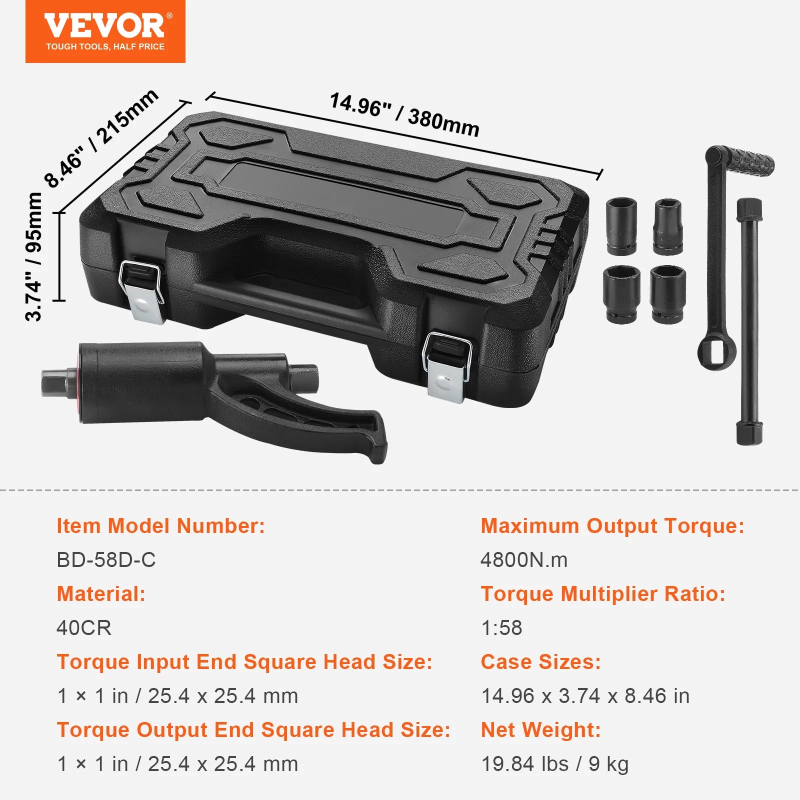 Sada klíčů s násobičem točivého momentu pro těžké použití se zásuvkami a pouzdrem