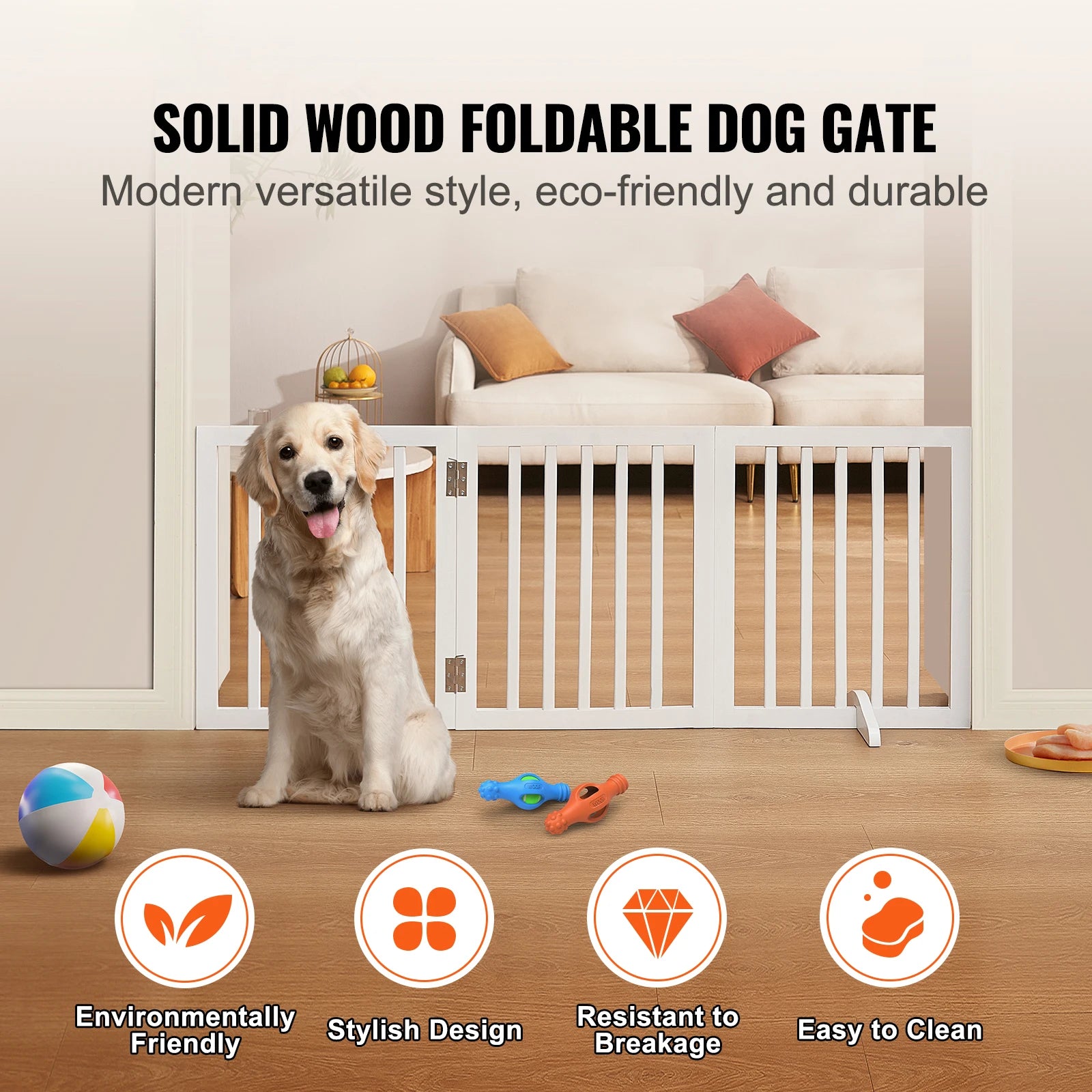 Freestanding Foldable Dog Gate 3 Panel Wood Pet Barrier 60"