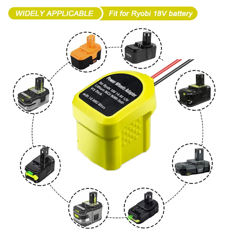 Ryobi 18V batteridrevet hjuladapter med 14 AWG-ledninger