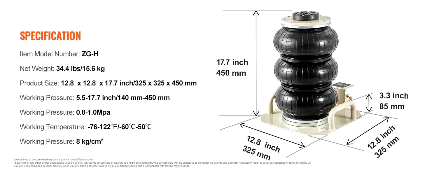 Cric pneumatic cu sac de aer de 3 tone, ridicare rapidă, pentru mașini, 5–17,7 inch