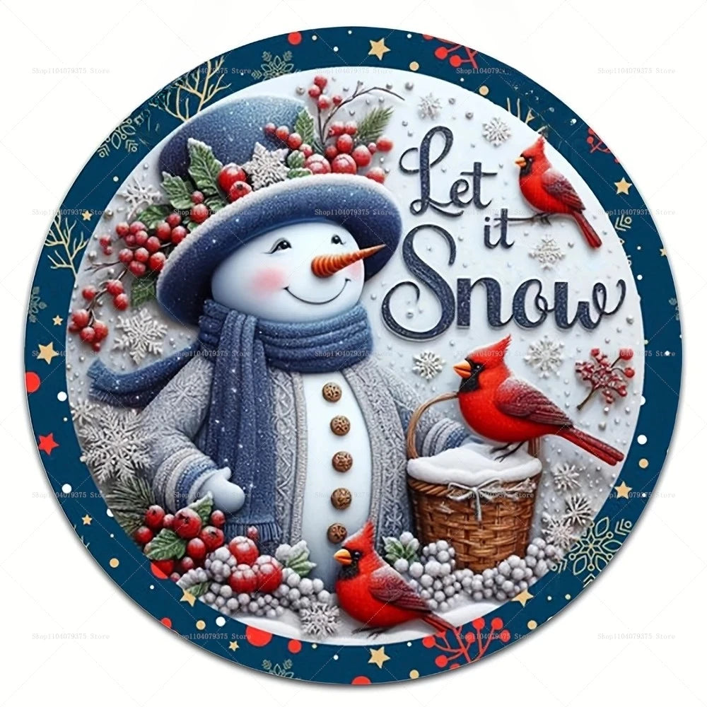 Merry Christmas Winter Snowman Metal Sign - Round Hanging Decoration for Front Door and Home Wall