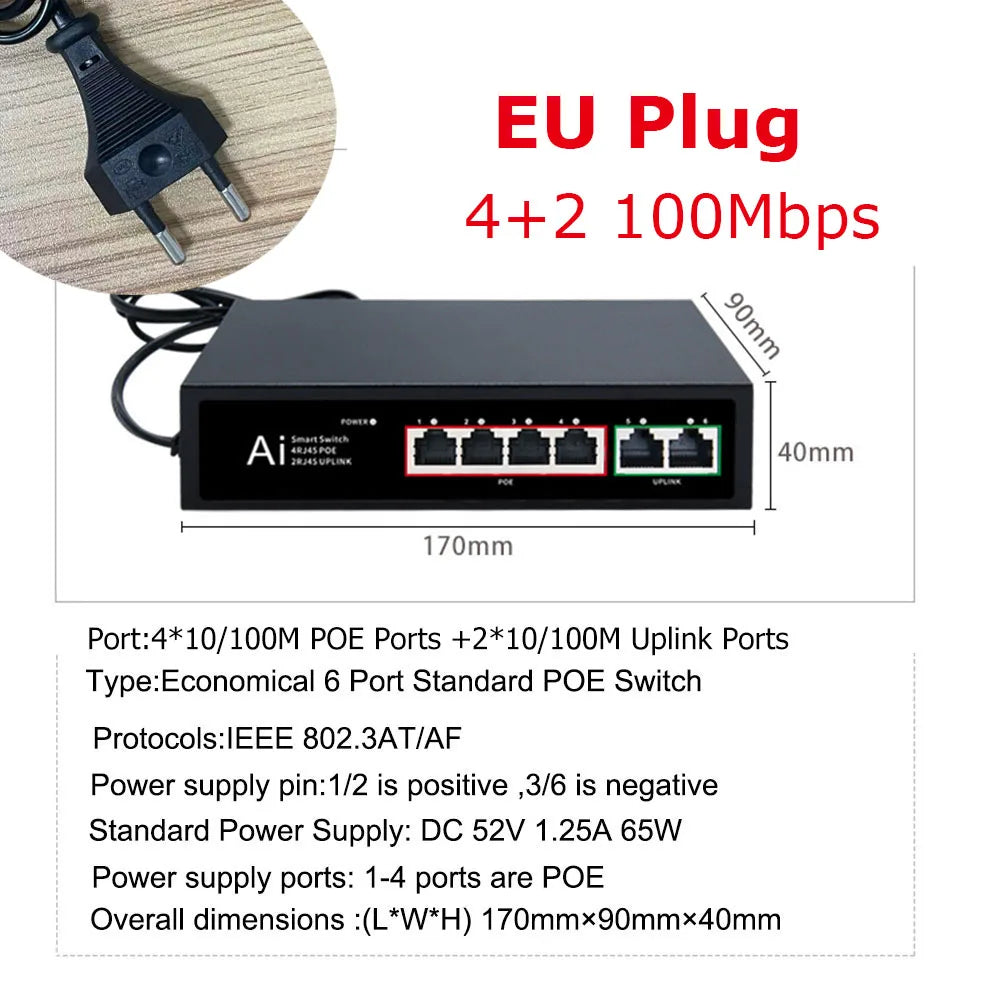 Ienron POE Switch 6/10 Ports 100Mbps Ethernet Switch POE ieee802.3af/at Network Switch Ethernet For Wifi Router IP Camera