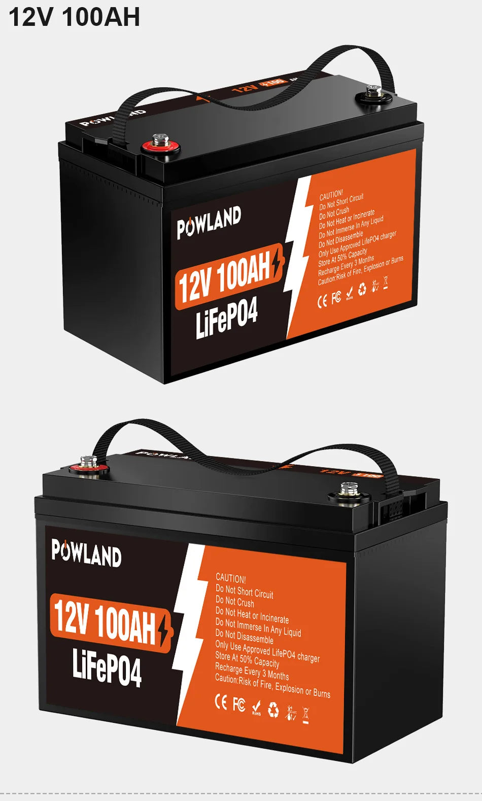 POWLAND LiFePO4 Battery 12.8V 100Ah 300Ah / 25.6V Lithium Iron Phosphate, Built-in BMS, 6000+ Cycles, IP65 for RV, Boat, Inverter, and Solar Power