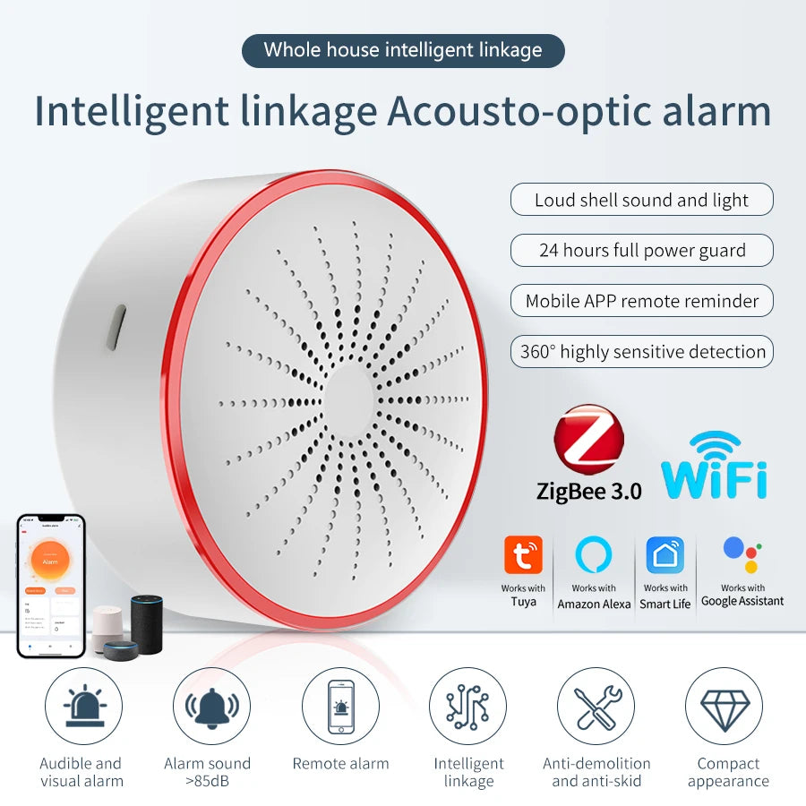Tuya Wifi Zigbee Siren Wireless Linked Smart Sound-Light Alarm Horn Detector Triggered Emits Instant Sound-Light Alarm App Contr