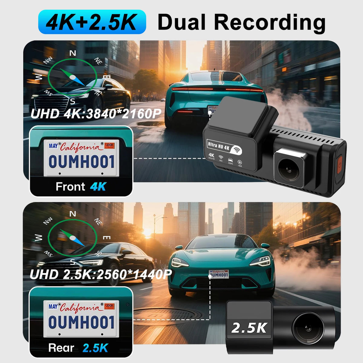 WiFi és GPS elülső és hátsó dash kamera