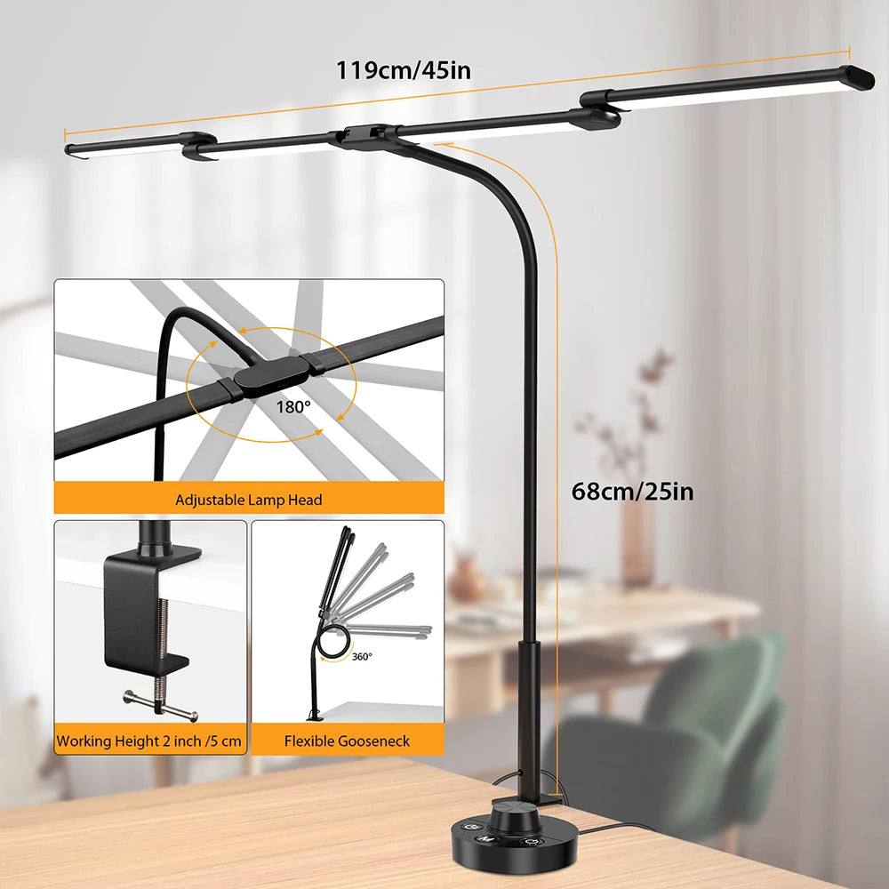 Nastaviteľná LED stolová lampa so svorkou a automatickým stmievaním svetla