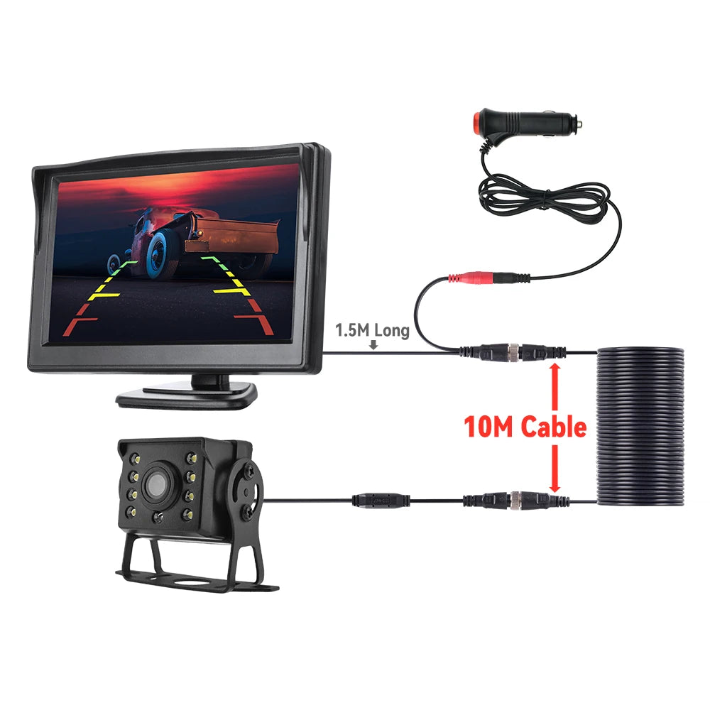 Câmara de Ré Universal com Monitor de 4,3, 5 ou 7 polegadas para Camioneta, Ecrã HD, LED, Visão Noturna, Impermeável para Estacionamento de Autocarros