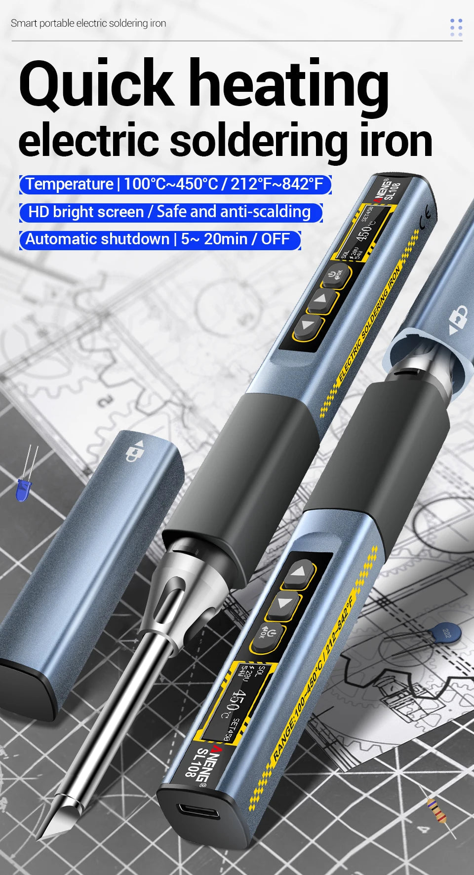 ANENG SL108 Electric Soldering Irons kit PD 96W QC Adjustable Temperature Fast Heat Portable Digital Smart Soldering Iron Tools