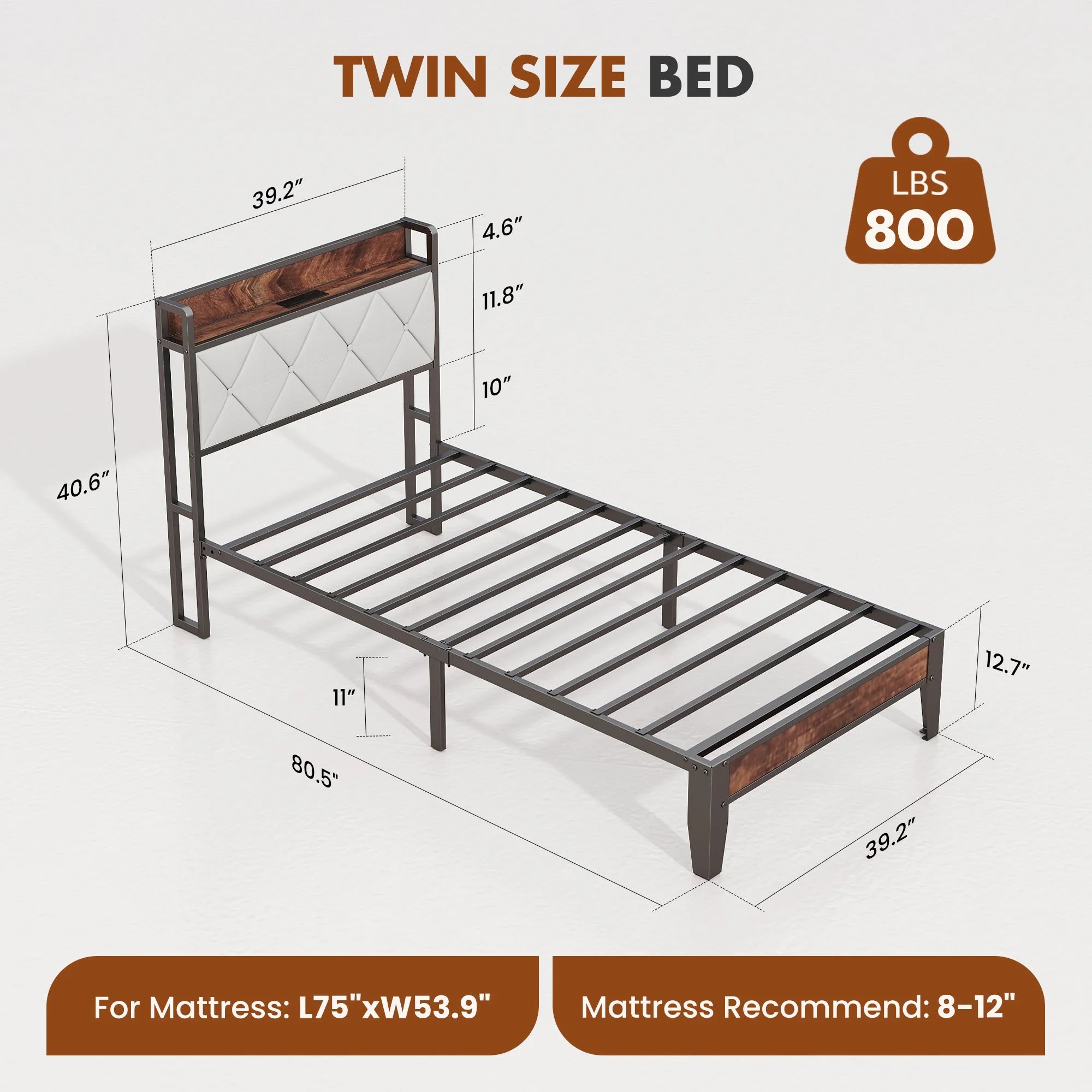 King Size Metal Bed Frame with Storage & Charging Headboard