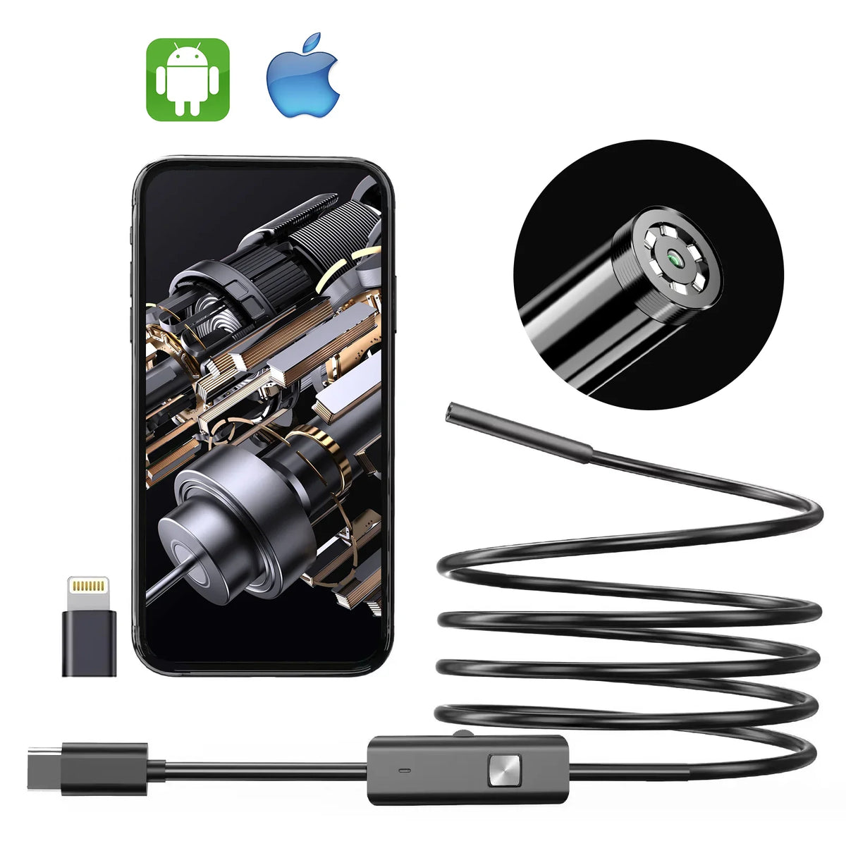 1080P HD Borescope Inspection Camera with 8 LED Lights, 8mm Lens