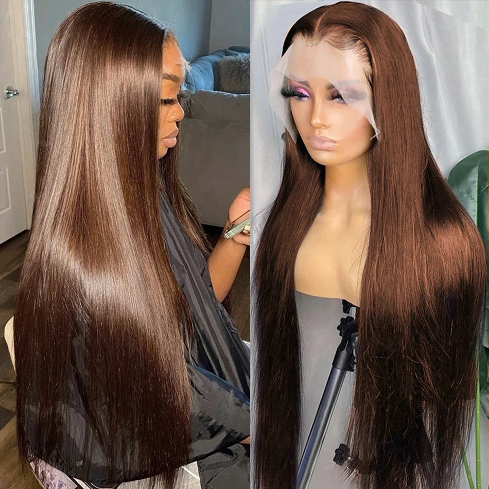 HD Chocolate Brown 13x4 Bone Straight Lace Front Wig Remy Brazilian 13x6x1 Lace Frontal Wigs For Women Human Hair Preplucked