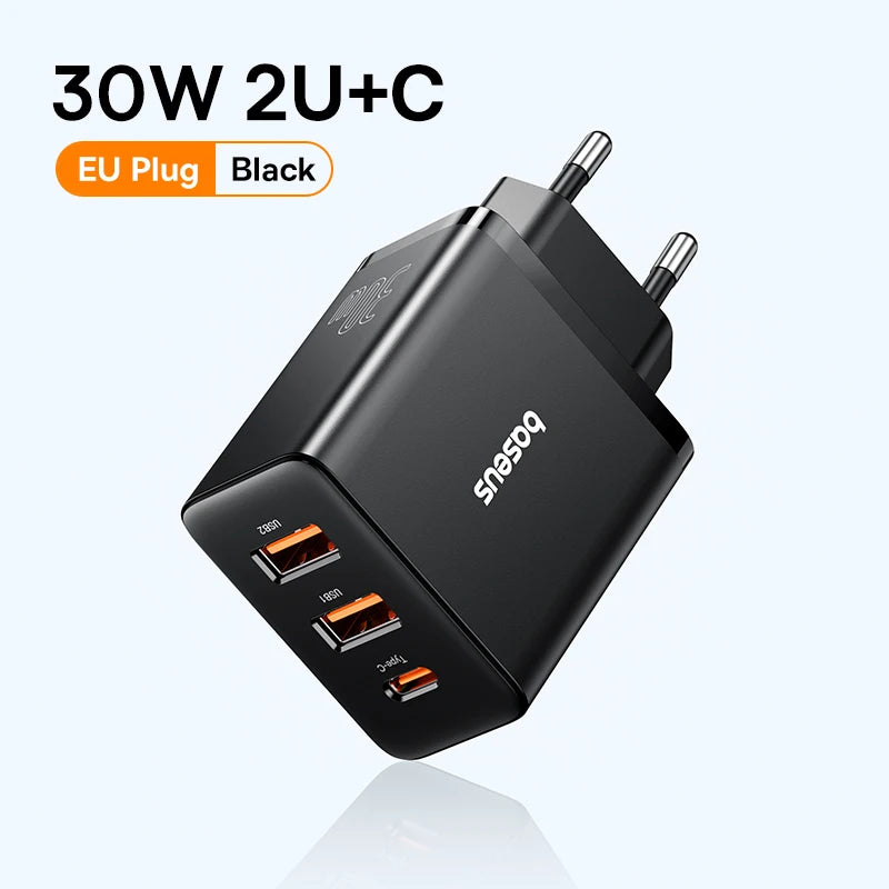 Baseus 30W Gyors Töltő 3-Portos USB-C PD és QC3.0 Fali Adapter