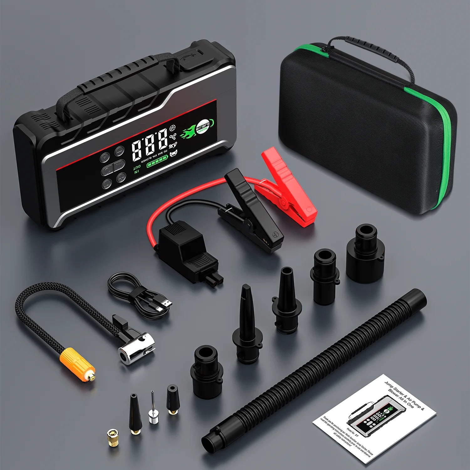 26800mAh Jump Starter with Air Compressor 1000A/1500A PEAK Booster Tyre Inflator Portable Car Battery Power Bank Charger Air Pump,with LCD Display, Jump Starter Power Bank (All Gas/ 8.0L Diesel), LED Light, Design for Cars,