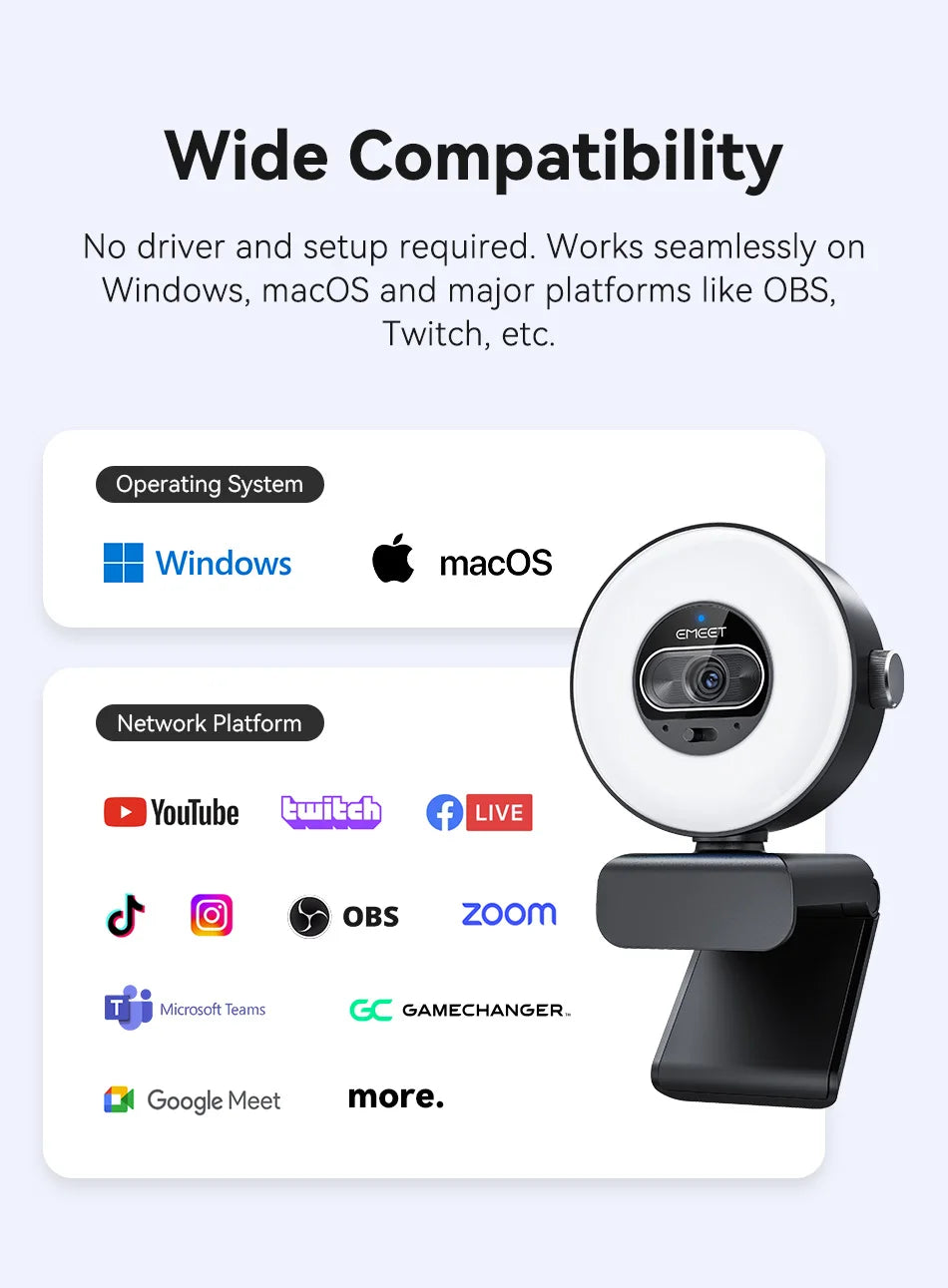 4K Webcam with Ring Light Autofocus 1080P 60FPS USB Camera