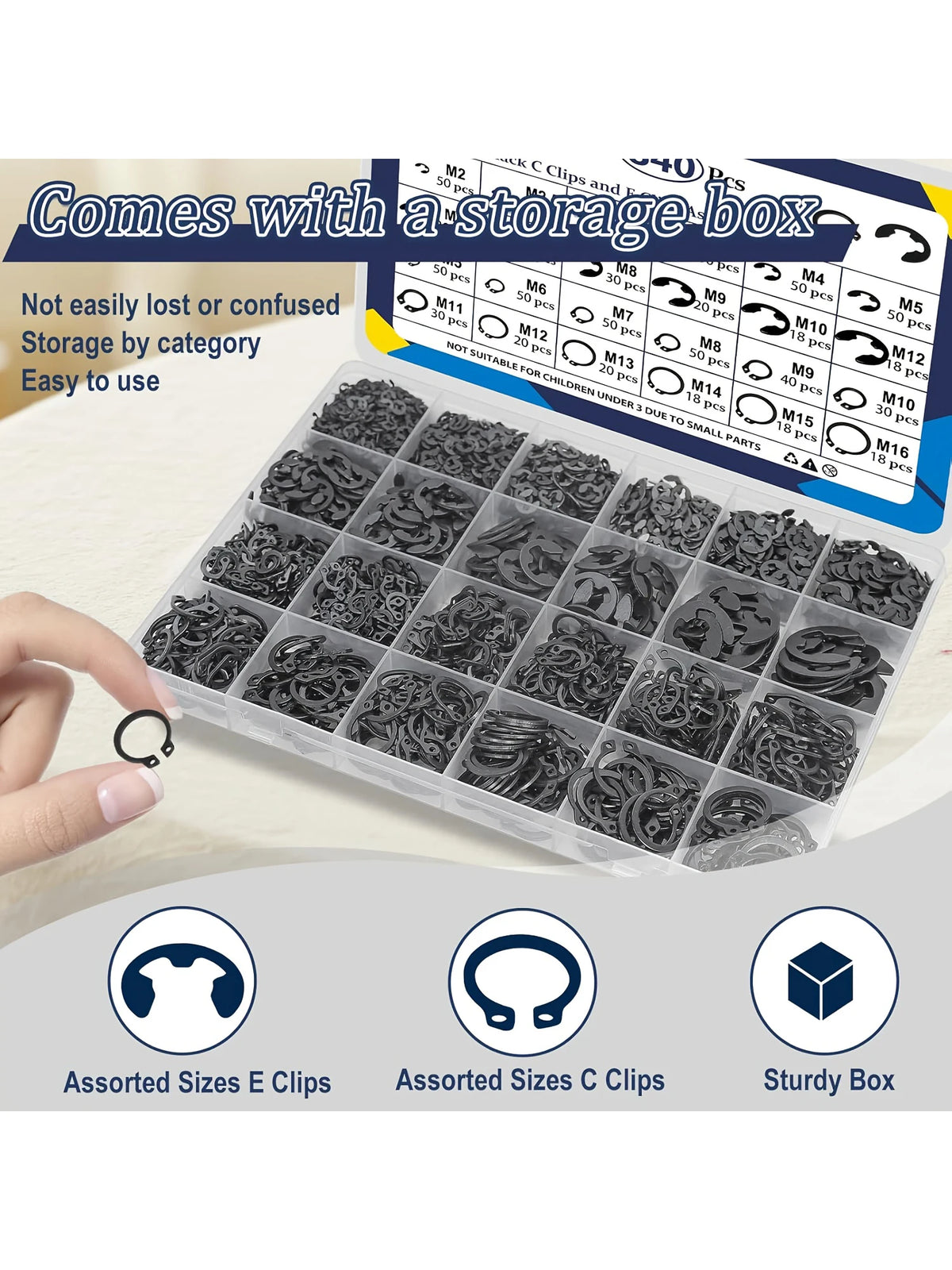 C-Clip and E-Clip Retaining Ring Assortment, 840 Pieces