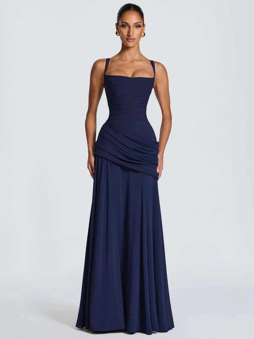Women’s Elegant Ruched Backless Maxi Dress with Square Neck