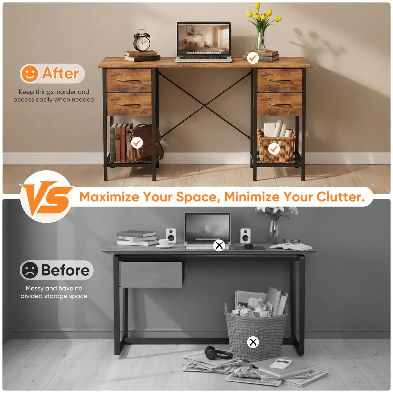 55 Inch Computer Desk with 4 Drawers and Mesh Shelf Storage