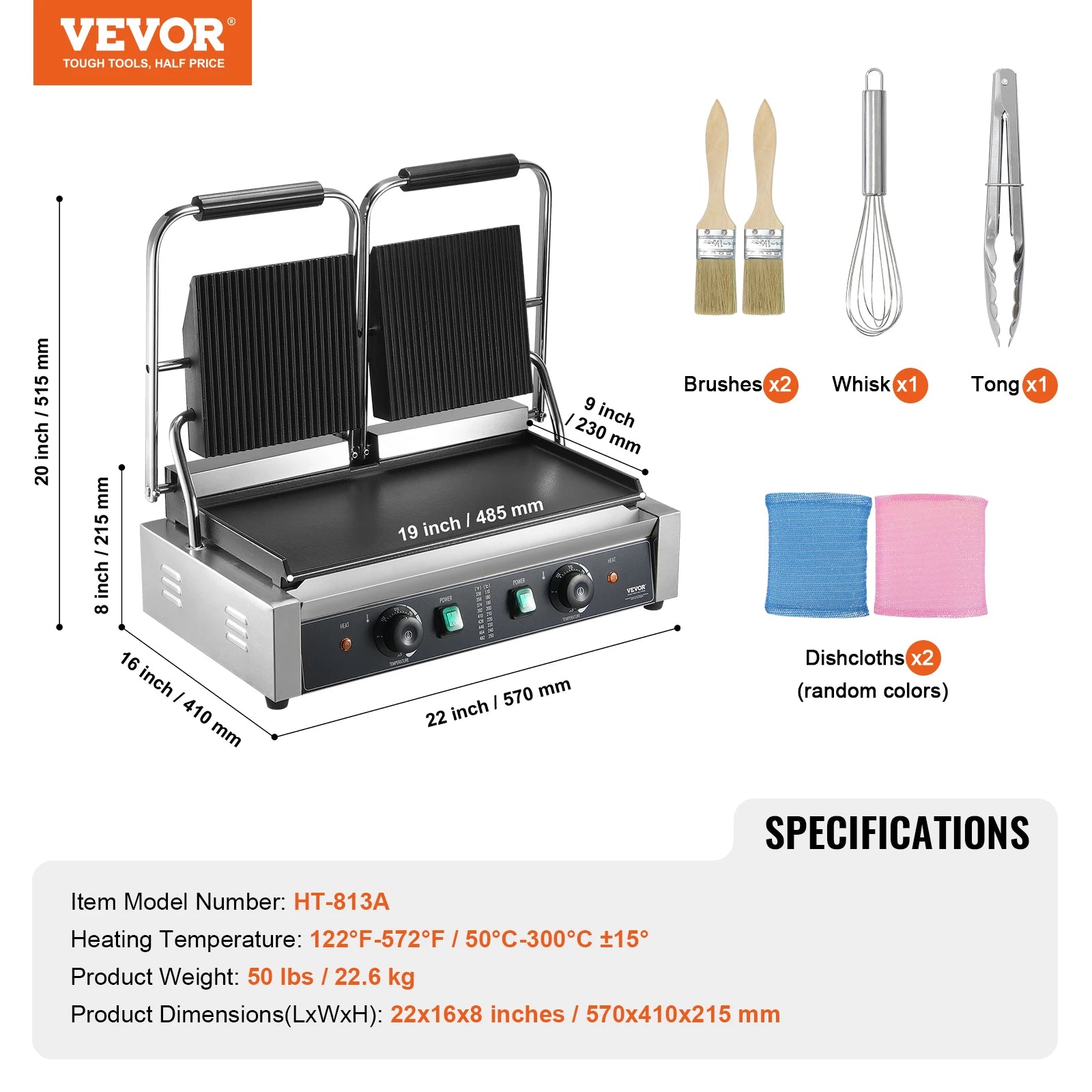 Commercial 3600W Panini Grill with Temp Control and 19x9 Surface