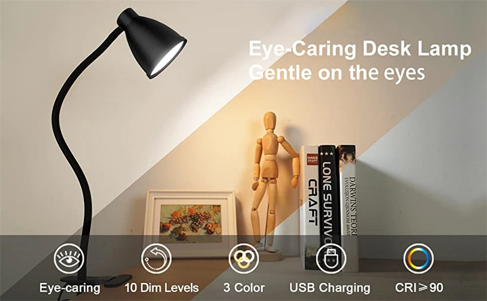 Clamp Desk Lamp, Clip on Reading Light, 3000K-6500K Adjustable Color Temperature Eye-Caring for Home Office Bedside Reading