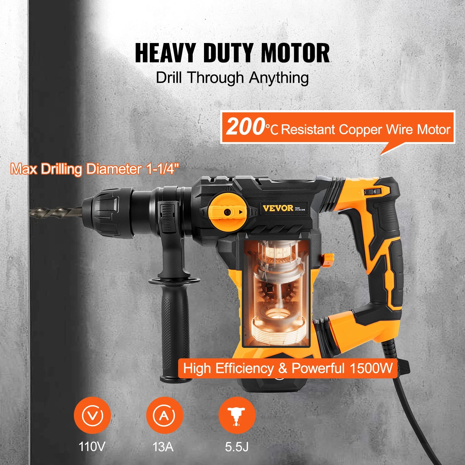 1500W Rotary Hammer Drill 32mm 4 Modes Corded Demolition Tool