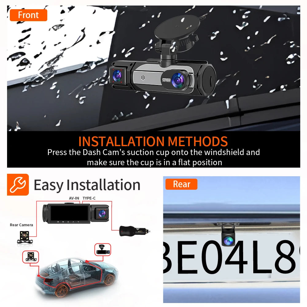 3 Camera Dash Cam 1080P Front Rear Interior Night Vision Parking Monitor