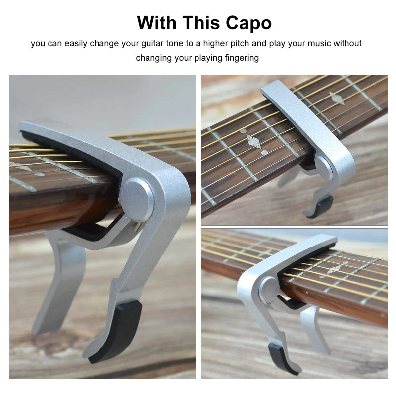 Metal Guitar Capo in Black or Silver, with 6 Guitar Picks
