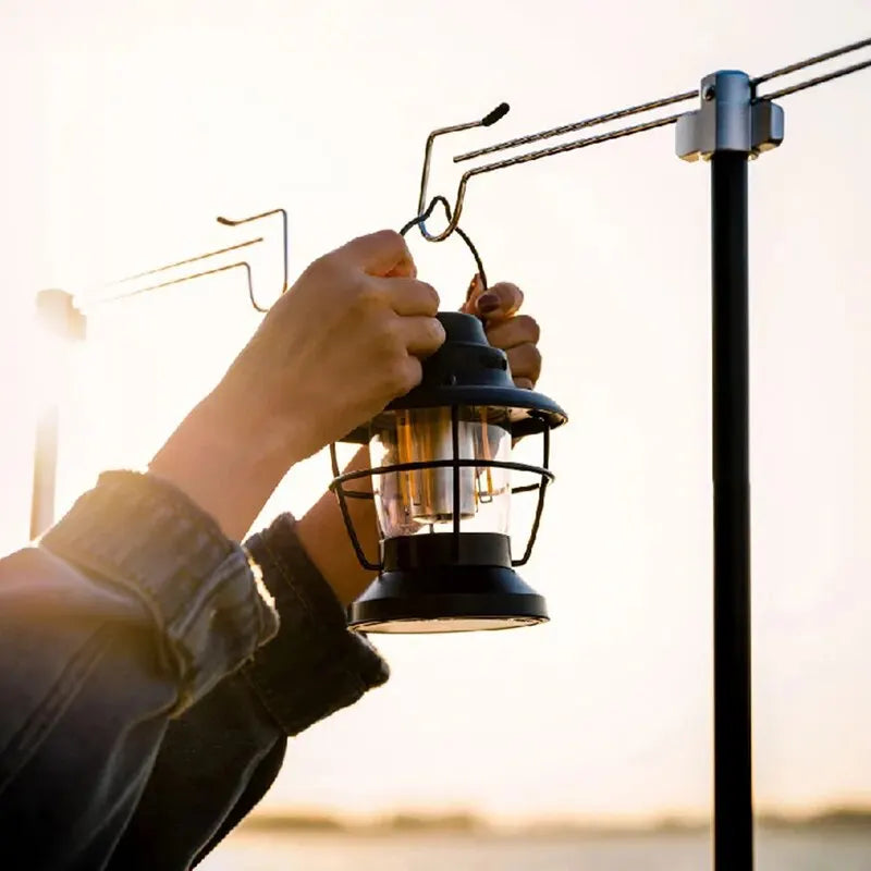 Camping Lantern Stand with Double Hooks, Foldable Aluminum Pole