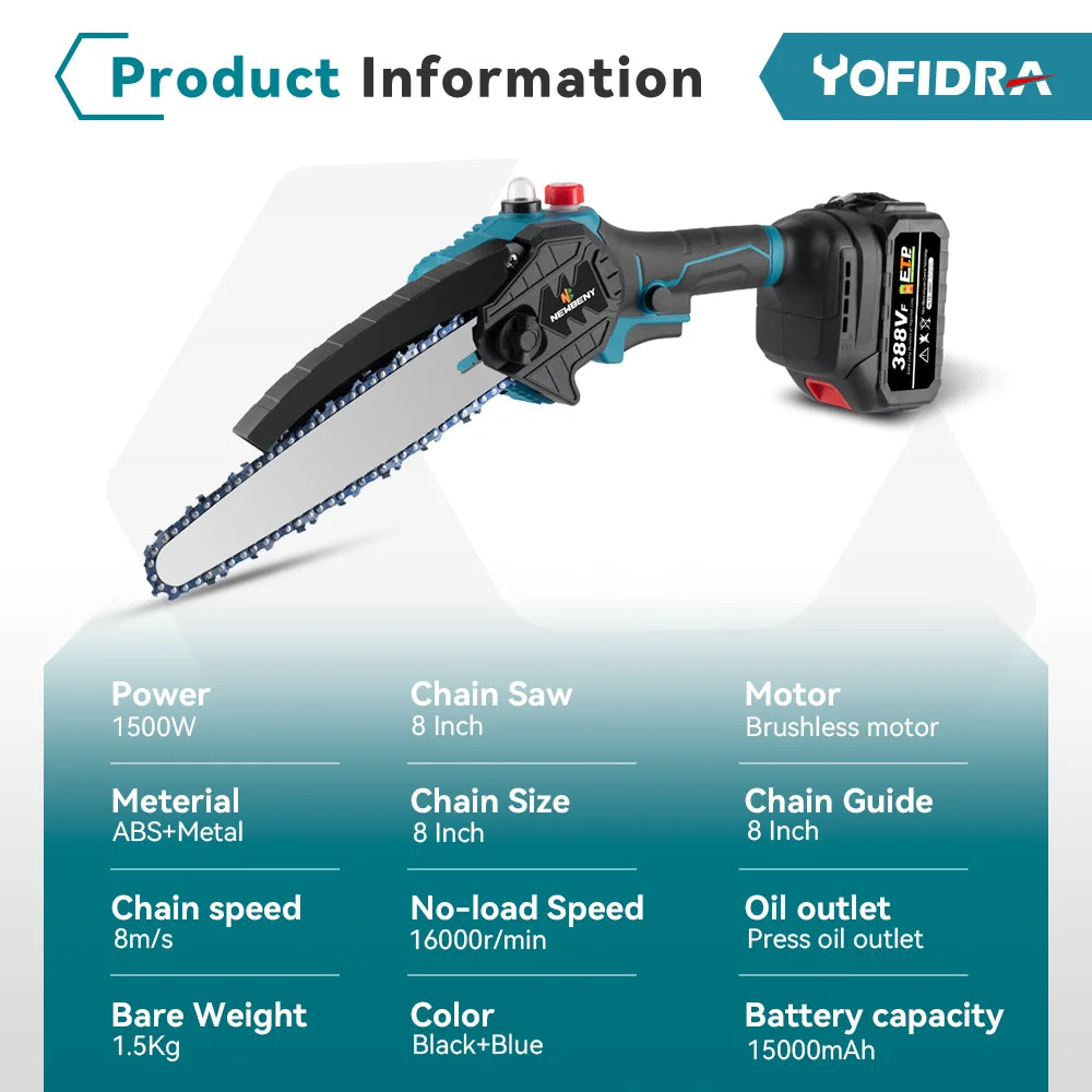 8 Inch Brushless Electric Saw Cordless Oiler Handheld Garden Wood Cutting Logging Chainsaw Power Tool For Makita 18V Battery Pin