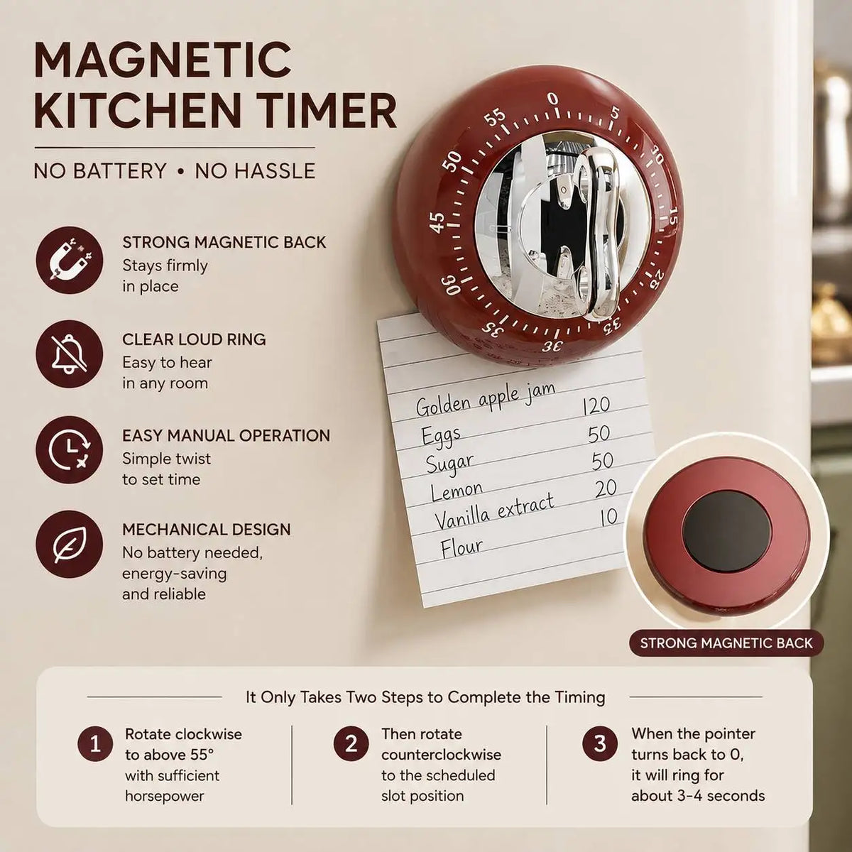 Magnetisk mekanisk matlagningstimer, nedräkning på 60 minuter, kräver inga batterier, högljudd och tydlig signal, timer för bakning, studier och barns läxläsning
