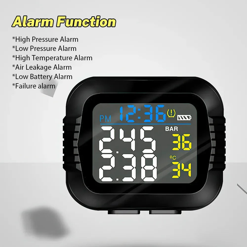 Motorcycle TPMS Tire Pressure Monitoring System Temperature Alarm With 2 External Sensors Moto Tyre Alarm Systems Real Time