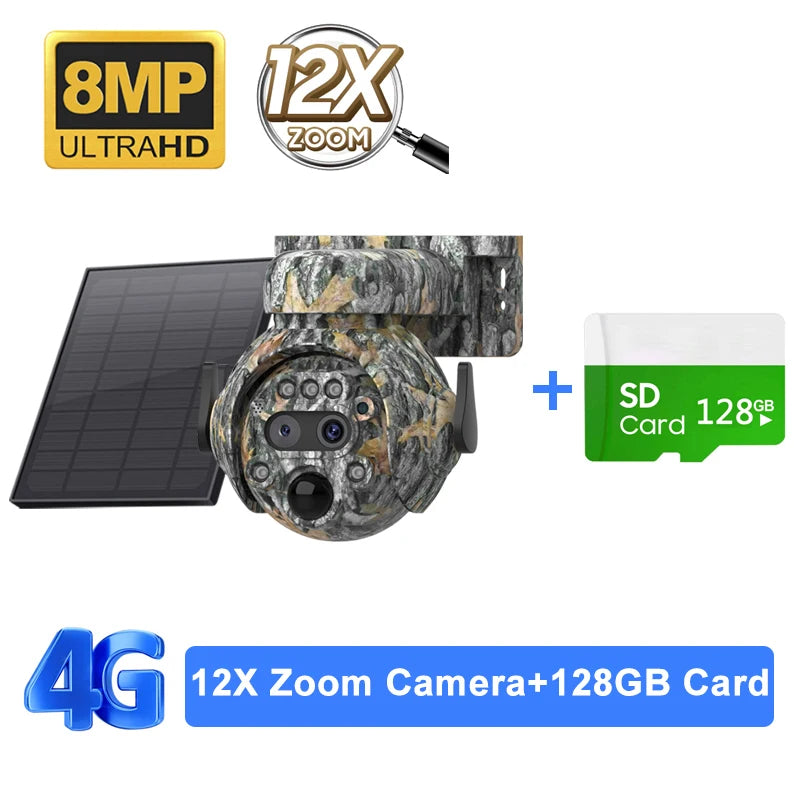 SHIWOJIA 12X ZOOM 4K 8MP Solar Camera Dual lens 4G 360° View Camouflage Color Outdoor Hunting Camera 7800mAh Battery Ubox app
