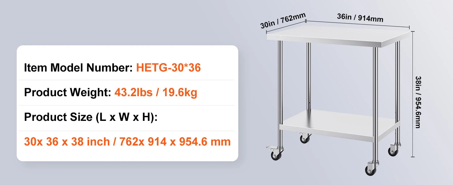 Stainless Steel Work Table with Wheels, Adjustable Shelf, 500 lb Capacity