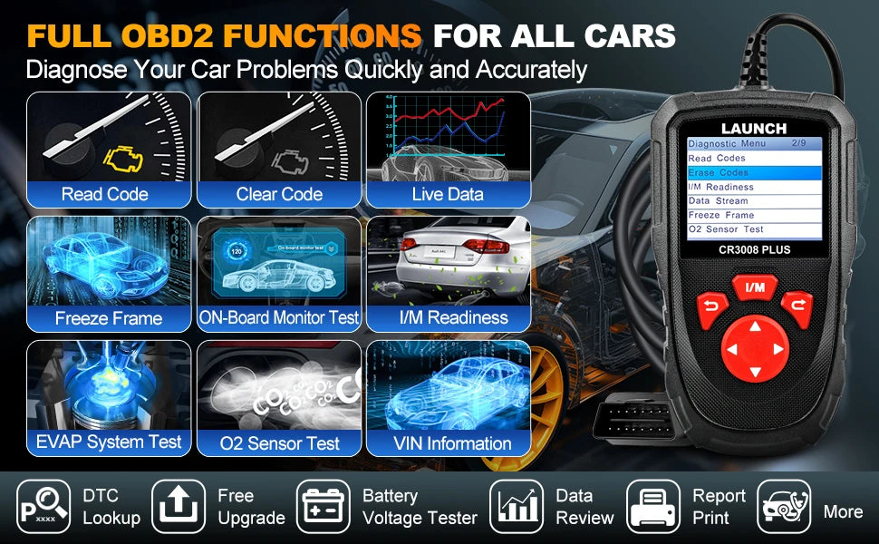 OBD2 Scanner Code Reader with Engine Diagnostics & Battery Test