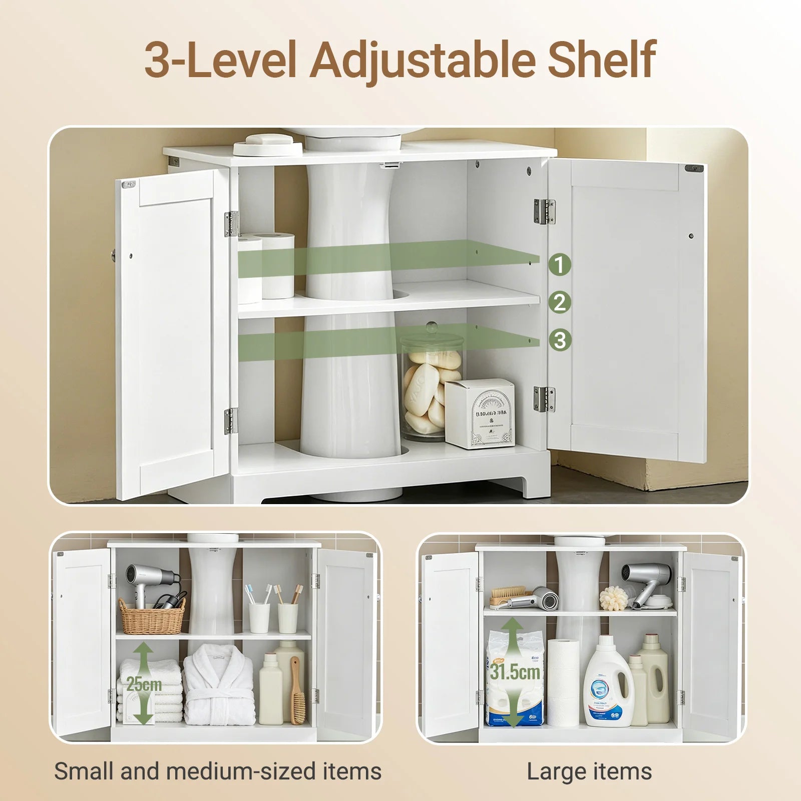 Under Sink Bathroom Cabinet with U-Shape Storage 60x60x30cm
