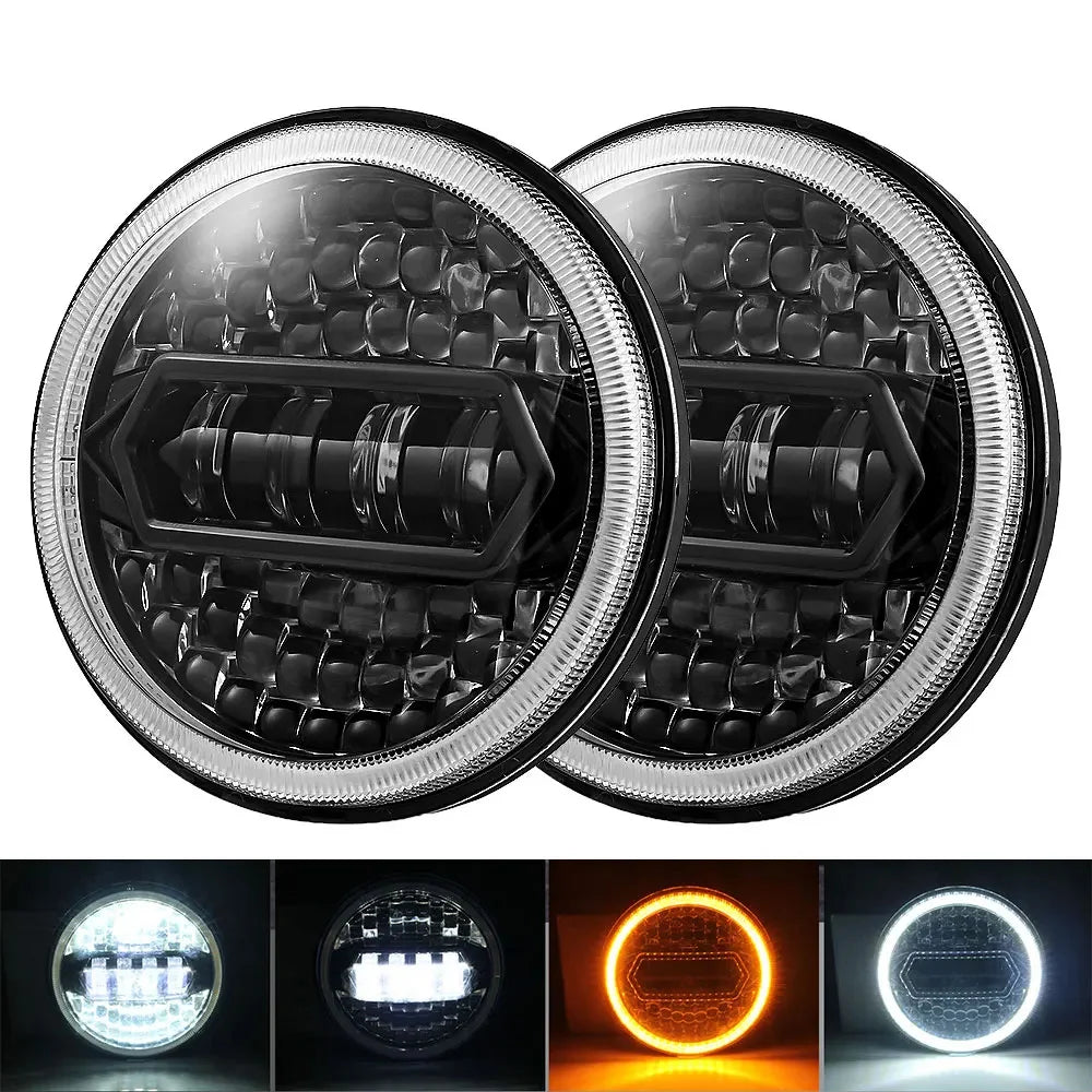 2PCS 7 inch LED Round Headlight DRL Round 7'' Car Moto Light with Yellow & White Angel Eye for Jeep Wrangler Harley Lada Niva